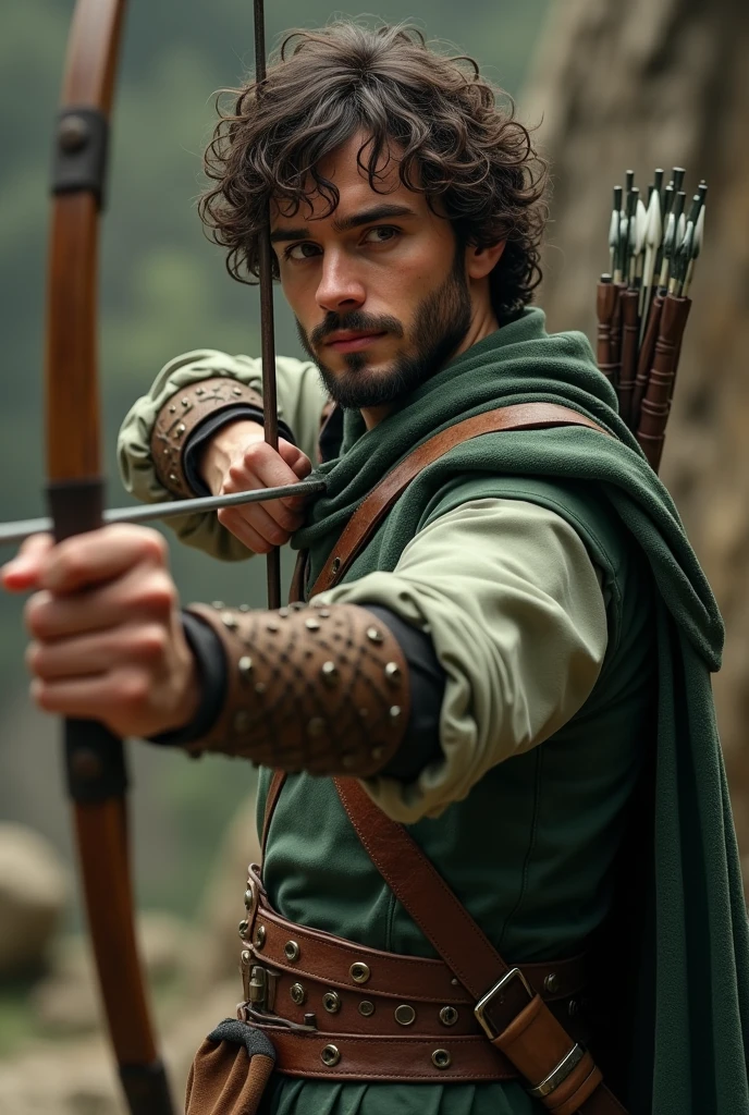 realisitic, 4K, detailded, a ***** adult with curly hair where the curls fall on his forehead, medieval style, brown leather pants, green silk shirt, sharp, defined eyes and a poorly groomed beard. holding his bow and arrow 