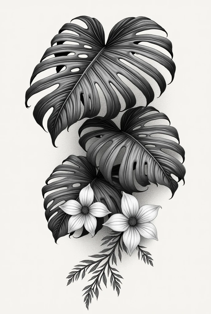 Monstera plant with jasmine flowers
black and white tattoo