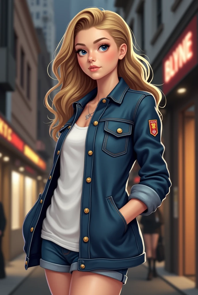 Woman in blue jacket and shorts standing on street
