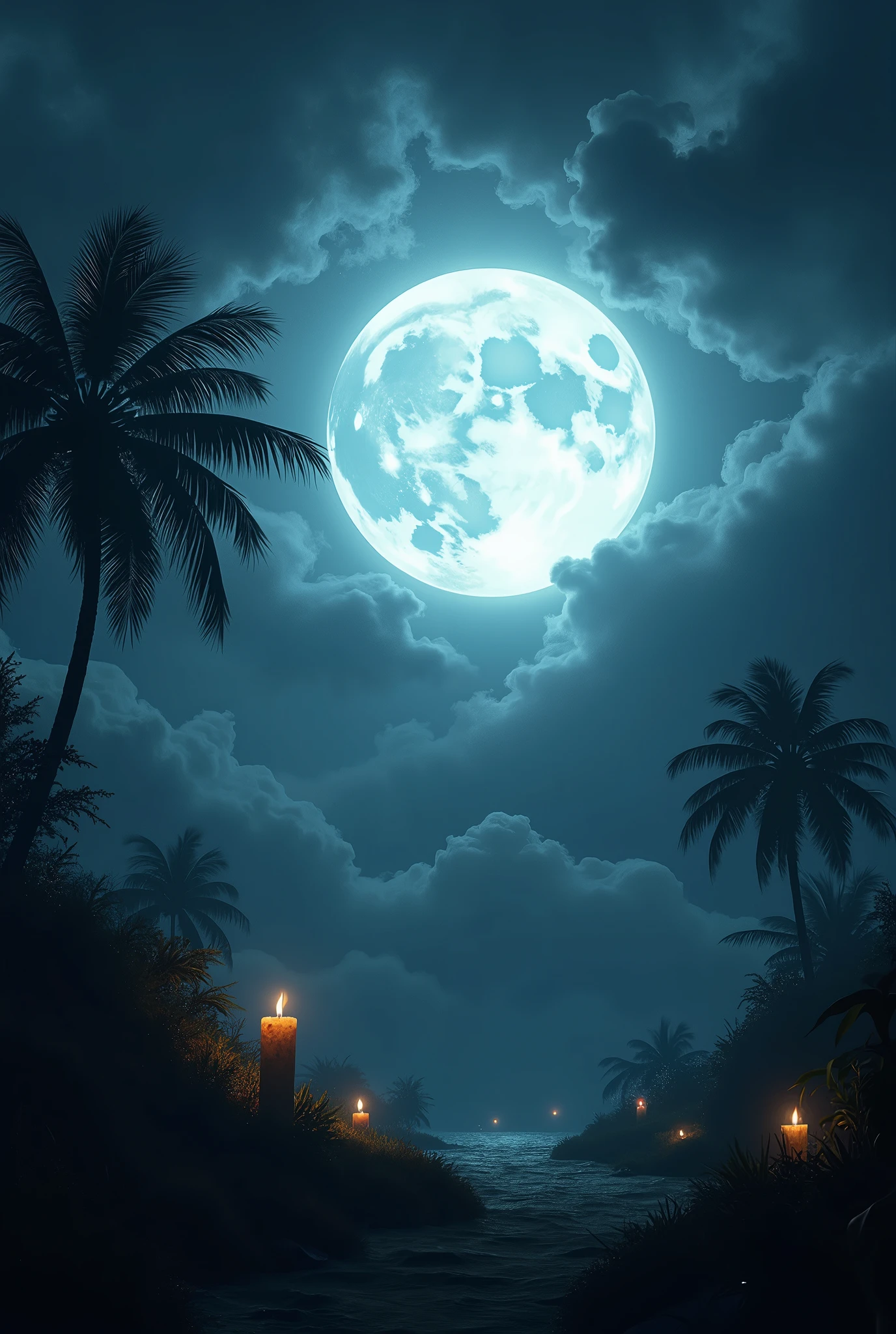 a dark night with clouds surrounding the bright moon and things of witchcraft and santeria adorning