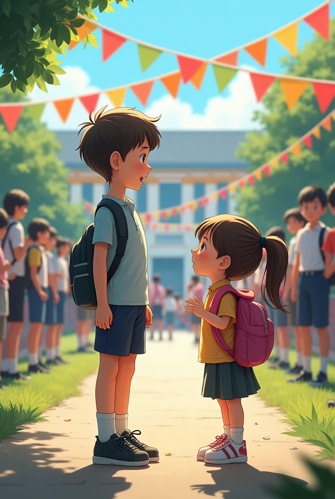It shows a school anniversary and two children talking.