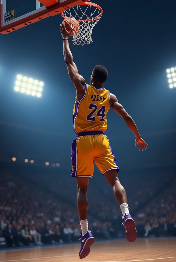 One basketball player with Lakers jersey with 24 number at back of jersey with harry name on jersey making 3 pointer on kiyre at night basketball court