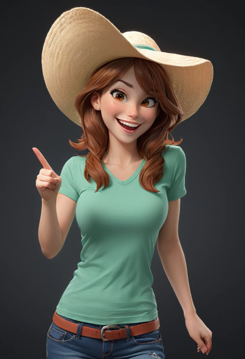 cowgril, farm girl (((caucasian, light brown HAIR, brown hair, brown eyes, red eyes))), ((((tinted hair)))), skiny, front, front, ((happy expression))), laugh,(((pointing to left side))), pointing, with hat,((hat)) ((with the left hand pointing with the finger)) (((happy expression))), (((black background, black background color)))