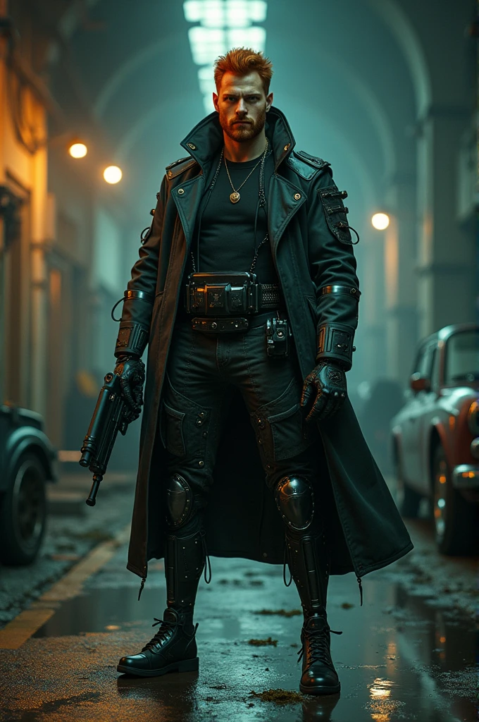 Irish style redhead man, very pale Caucasian. greeneyes. russet hair. stark , 34 years. His legs are bionic, style guns in a dark garage with cars 