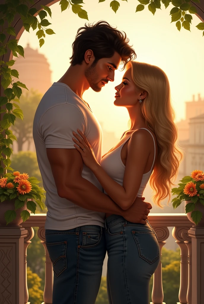um casal, facing one another, on a beautiful balcony, tall and strong man, wearing jeans and a T-shirt, blackquality hair, greeneyes, blonder woman, Curvy Body, breasts big, medium hair, honey-colored eyes.