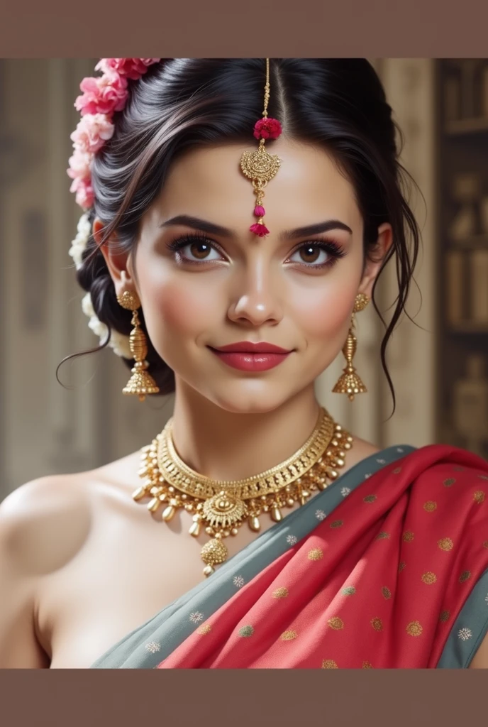 best quality,highres,realistic:1.37)india's most beautiful lady,digital art wonders,princesscore,realistic historical fiction,charming detailed eyes and lips,fierce expression,historical attire,richly embroidered clothing,gold jewelry,dark wavy hair cascading down her back,flowing colorful silk saree,ornate palace in the background,historical architecture,detailed hand gestures,light amber candlelight,soft shadows and highlights,delicate facial features,meticulous attention to detail,subtle nuances of emotion,depth and richness in colors,expressive eyes that convey a sense of longing and strength,royal elegance and regal pose,graceful and confident stance,traditional henna patterns on her hands and feet,dusky complexion that glows in the warm light,realism with a touch of fantasy,impressive artistry,digital brushstrokes,soft and dreamlike ambiance,ethereal beauty,rich cultural heritage,indian independence day and folklore blended with contemporary digital techniques,masterpiece painting,pristine skin complexion,gorgeous traditional makeup,ornamental hair accessories,vibrant colors with a touch of darkness,dark white and light amber color palette,evocative and captivating art that tells a story,attention to historical accuracy while adding a touch of imagination,detailed background with architectural elements and intricate designs,deep emotional connection with the viewer.,big breasts, earrings