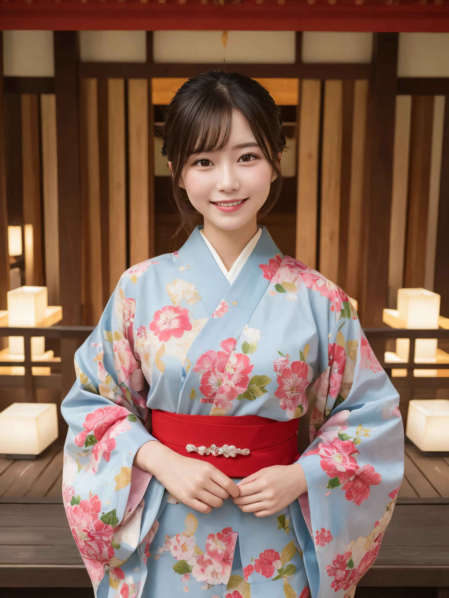 1girl, solo, highres, best_quality, masterpiece, detailed_background, intricate_details, beautiful, nara, kasuga_taisha, lanterns, shrine, traditional_clothes, kimono, serene, smile, looking_at_viewer, dynamic_pose, natural_pose, candid, happy