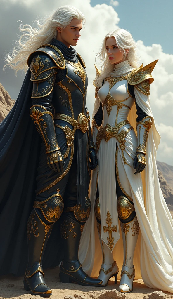 A white haired young man and woman with black and gold armor and a cape related to the Knights of the Zodiac, His armor will have the combination of a lion spirit and a puma and his human companion with a white armor with the spirit of a white dog
