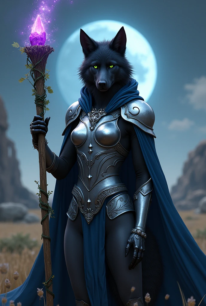 black female werewolf with green eyes wearing a ceremonial navy blue cape and smooth, simple, shiny angelic silver armor. She holds a wooden staff with a vine wrapped around it and a purple crystal at the end., where she lifts him to the sky She stands in front of a ruined dimensional portal, placed in an open field, She points her staff at the sky where it is full of stars