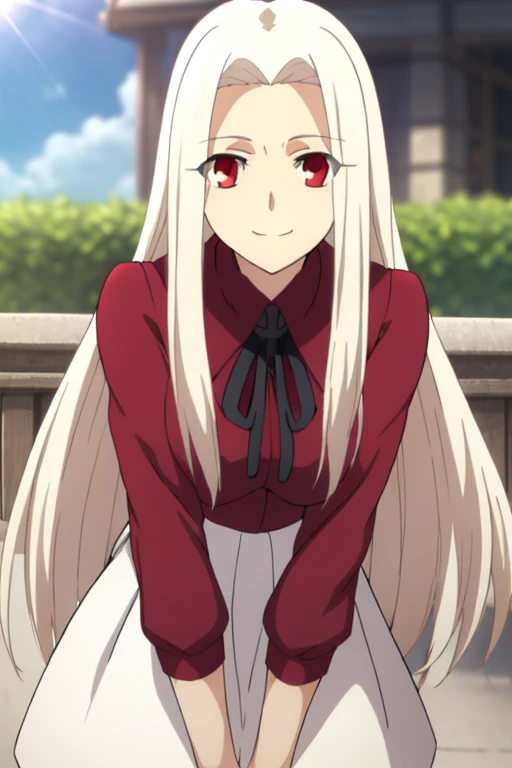 Irisviel Von Einzbern, (large breasts), oversized breasts, long hair, (platinum-blonde hair), (red casual blouse), ribbon, white skirt, solo, facing the viewer, looking at the viewer, smile, closed mouth, (sunny weather)