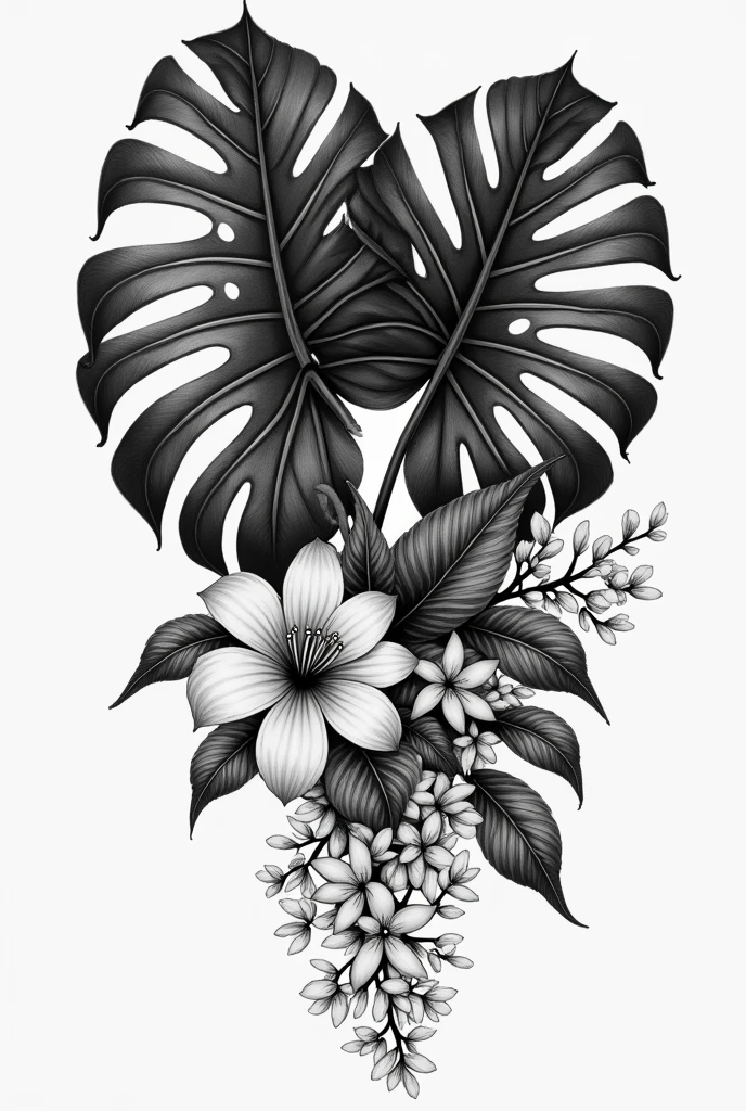 Monstera plant with jasmine flowers
black and white tattoo