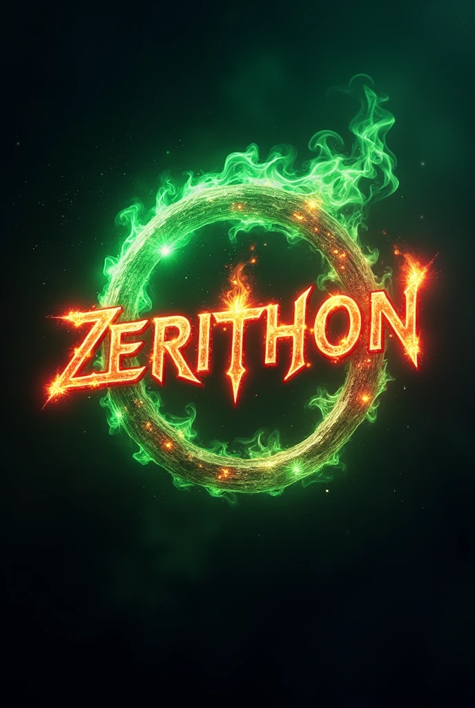 Generate a youtube "gaming channel logo"having the name as "Zerithon" with magical green and red fire aura with a background upto the size of the namw in space