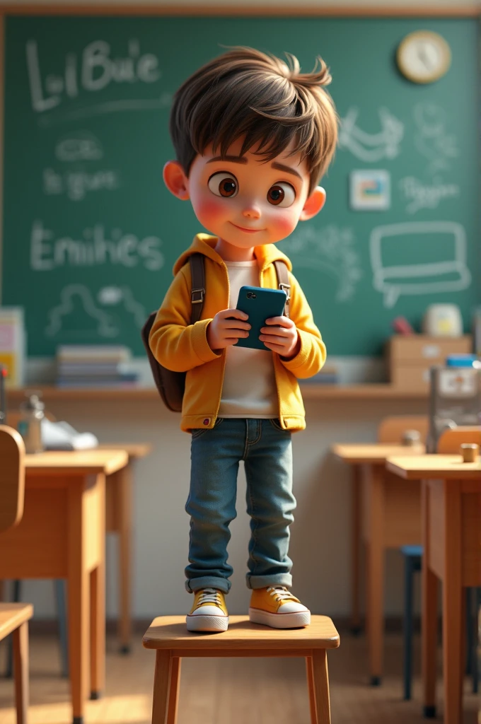 Boy standing on the chair in classroom and holding phone in his hands
