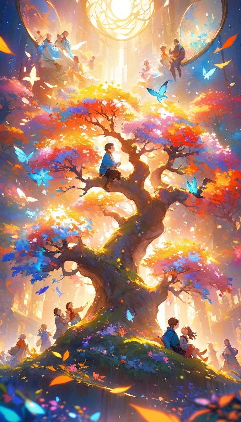 a happy and joyful scene of people enjoying life, surrounded by vibrant colors, soft lighting, and a sense of wonder and tranquility, showing the beauty and interconnectedness of all living things, the moments of connection and separation, life and death, capturing the essence of happiness that transcends the boundaries of philosophy and reason, inviting the viewer to reflect on their own state of being and find contentment within