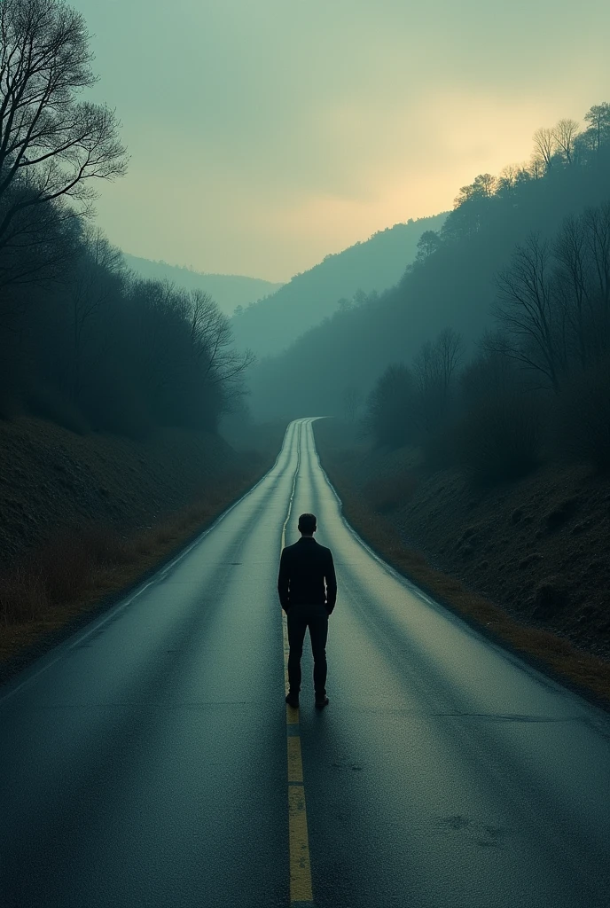 Two roads , man standing on middle of the road