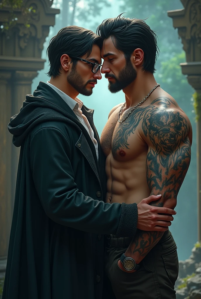 What would an average 2 man look like wearing thin, square glasses?, who is a powerful wizard who is in love with his best friend who is taller than him, tall strong man who is a military man and has a wolf tattoo on his chest has medium black hair ,they are both gay men
