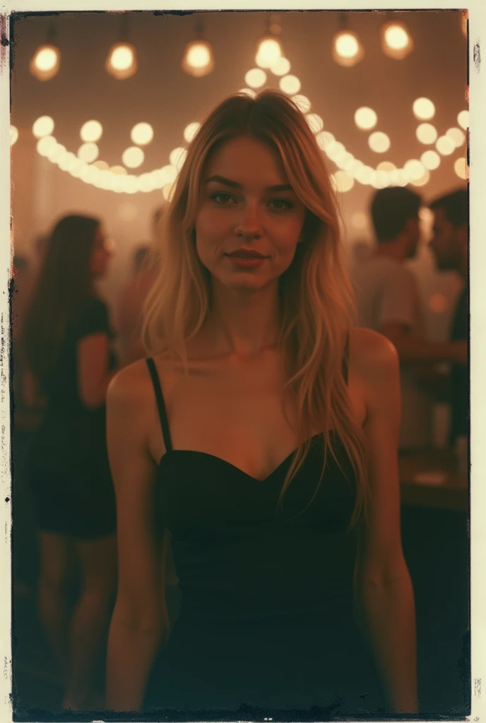 polaroid photo, night photo, smiling shyly, in party bar, photo of 18 y.o cute slim Slavic woman, pale skin, bokeh, elegant black dress, motion blur