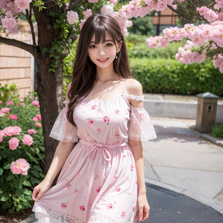 laughing out loud,travel scenery photos,Wear a sweet dress,Dress with pink flower pattern,Floral pattern scattered throughout the dress,Puff sleeves,Princess puff sleeves,Short sleeve,One-piece hem A-line skirt,There is a layer of transparent gauze outside the skirt, Fluffy and lightweight dress,The dress is made of mesh, There are pink ribbon bows on both sides of the collarbone.,1 female, On the face, light brown hair, blunt bangs, hair behind ears, Shoulder-length hair, long hair, Slender body type, 超face slimming型, face slimming, delicate lips, beautiful eyes, Thin blush, Eyes are light brown,View here, (actual:1.3), One person's perspective, 8k, Super detailed, high quality, best quality, High resolution,2,above knee shot,Breast protrusion,Full breasts