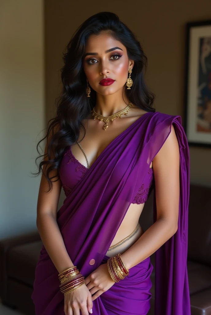 Indian woman((30year old)), eyeing eyes, brown eyes, (((wearing purple saree, seductive saree, nerdy glasses))), (((wearing necklace, bangles, thin waist chain))), (((showing midriff, cleavage ))), (((rearing's))), looking at viewer, biting lips, standing in the room, in the house, beautiful sexy body, curvy, red lips, eyeshadow, gold ornament, alluring body, ((good proportion)), seducing, realistic background, pose, black wavy hair, front focus, (((adjusting pallu seductively, blouse sliding off shoulder )))