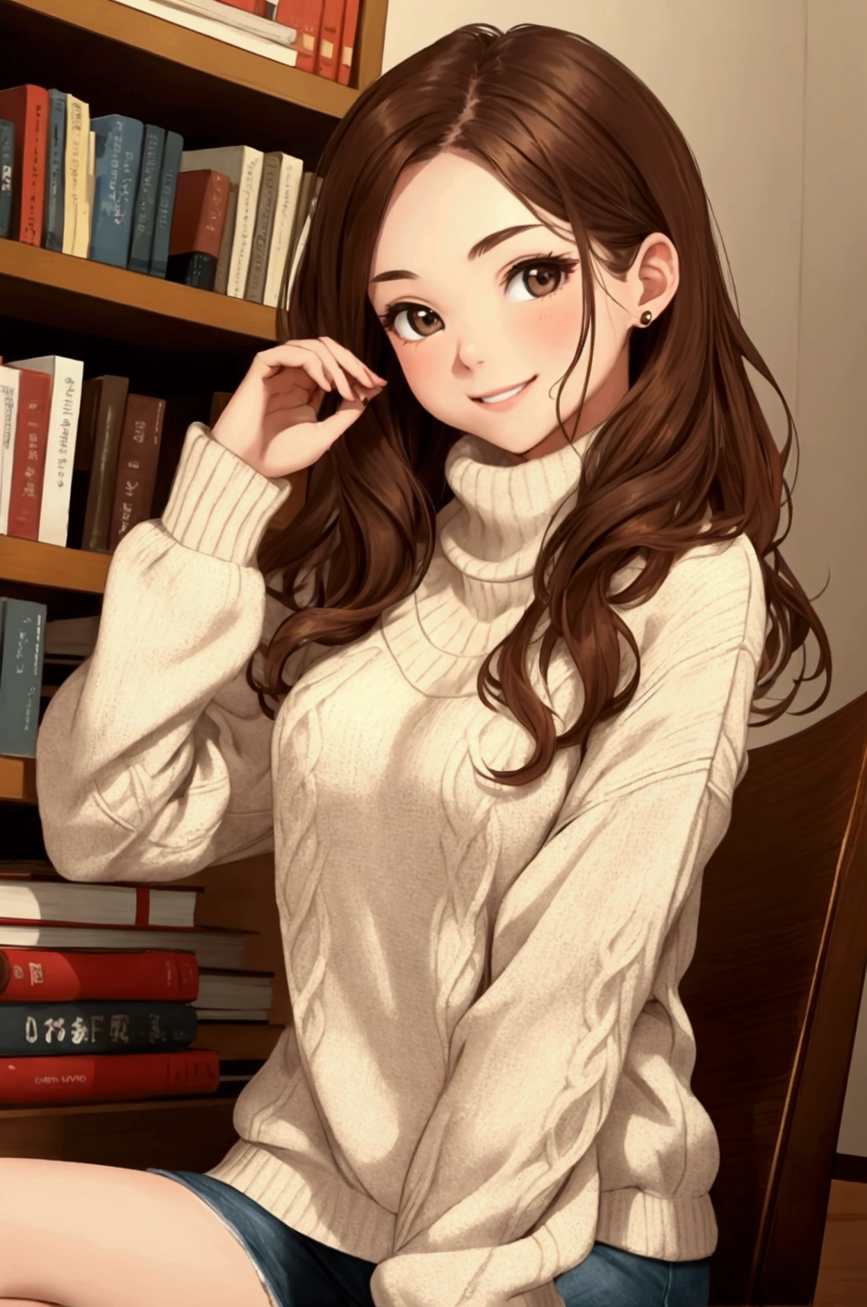 Hot girl. . Casual clothes. Sweater. Brown hair. Smile. Books.