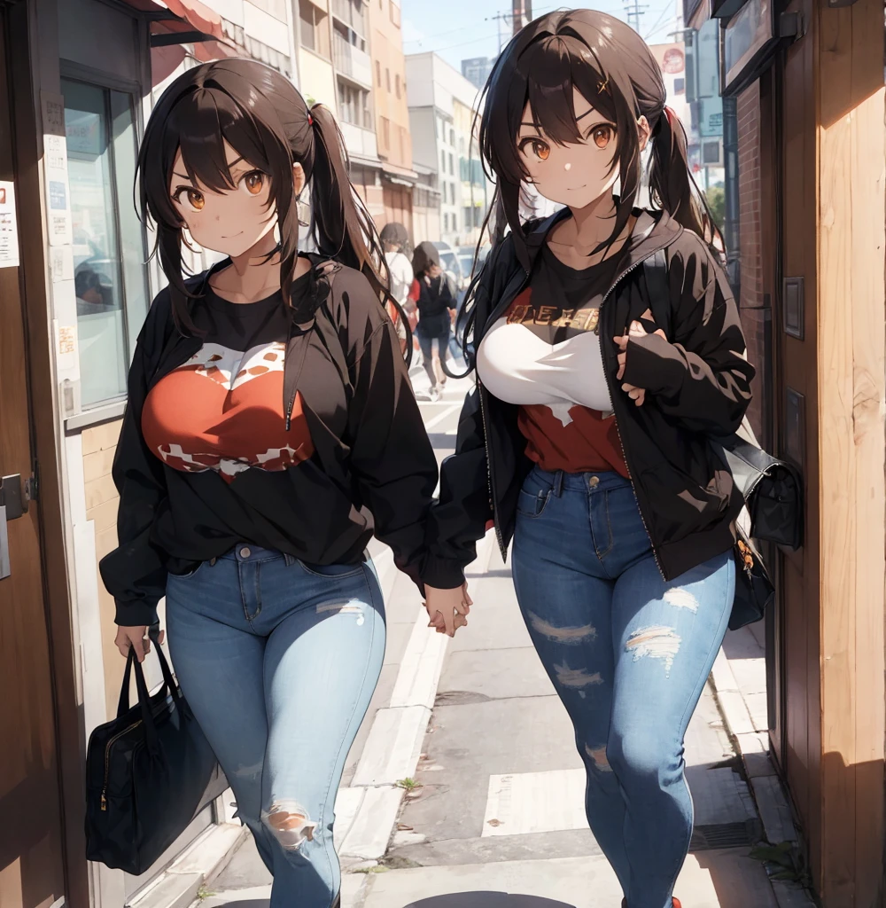 2 female, brown long messy anime hair, huge breast, thick legs, brown eyes, thick eyebrows, black jacket, red t-shirt, jeans, hotel room, walking