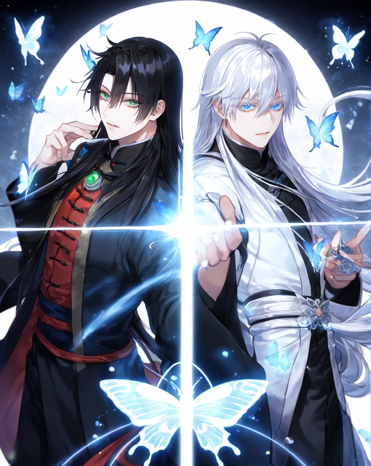 Ultra detailed, Highres, absurdres, HDR, master piece, Gojou Satoru, white hair with bangs, long hair, expressive blue eyes, white eyelashes, white Chinese clothes, Fushiguro Megumi, long hair, black hair, expressive green eyes, Jujutsu Kaiser, two sexy men together, gay couple, yaoi, handsome, glittering, blue butterflies, blue starry sky, magical, fantasy, manly men, black Chinese clothes, accessories