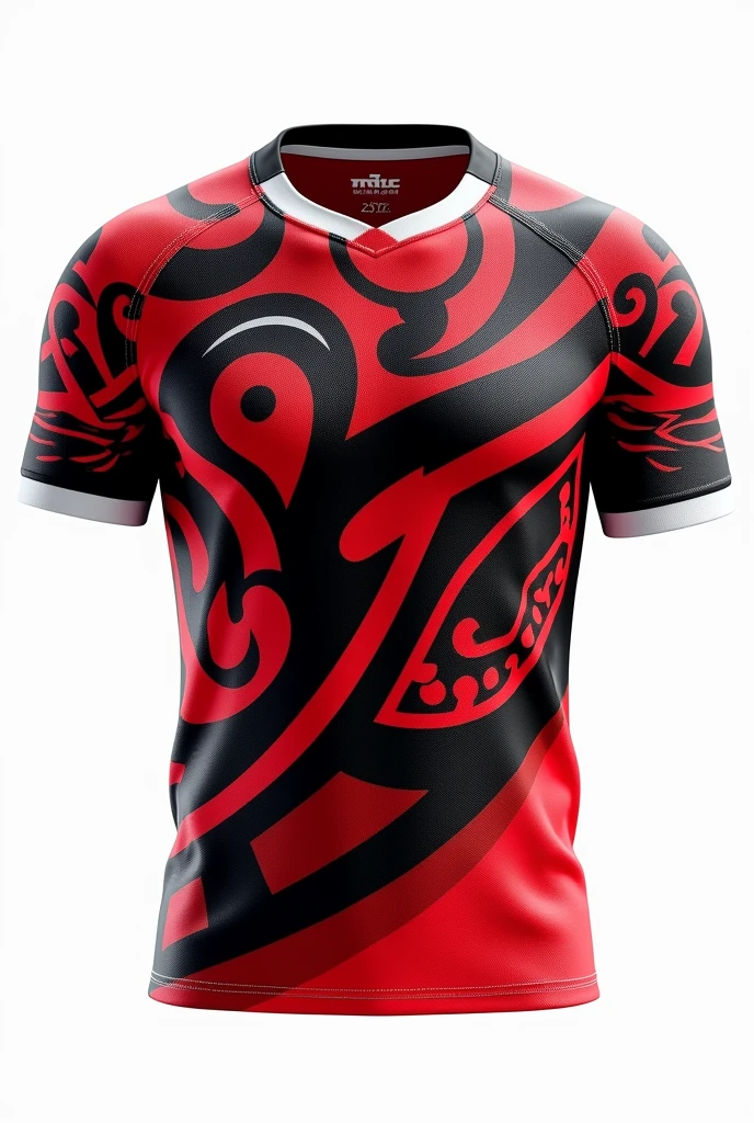 Create for me jersey on sleeve maori pattern  colour red black based white/black collar white background jersey only no model clear design front view