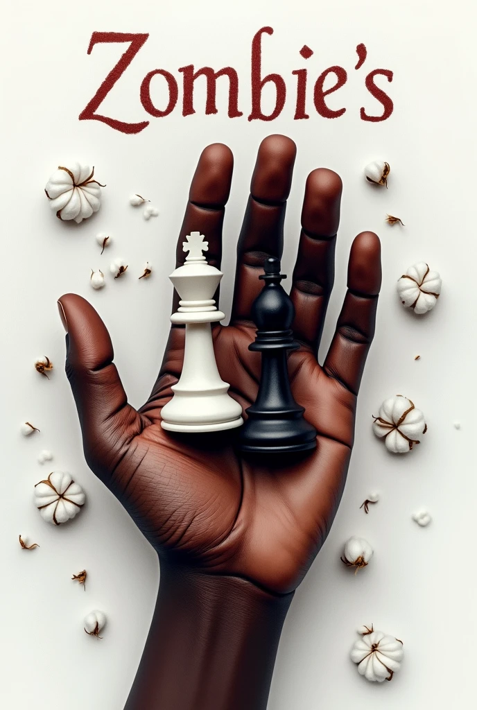 a cover for my slavery book seen from above, A white king and a black king of chess on the wounded palm of a Negro on a white background composed of cottons the name of the book, zombie's