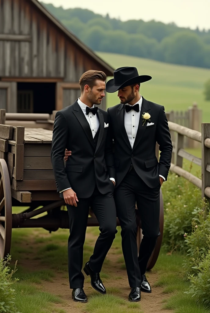 A handsome man in a black dress and black cowboy hat getting off a wagon with his handsome cute gay boyfriend on a farm