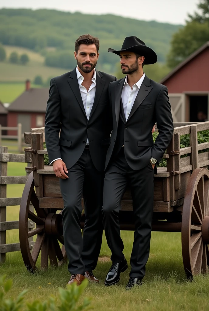 A handsome man in a black dress and black cowboy hat getting off a wagon with his handsome cute gay boyfriend on a farm