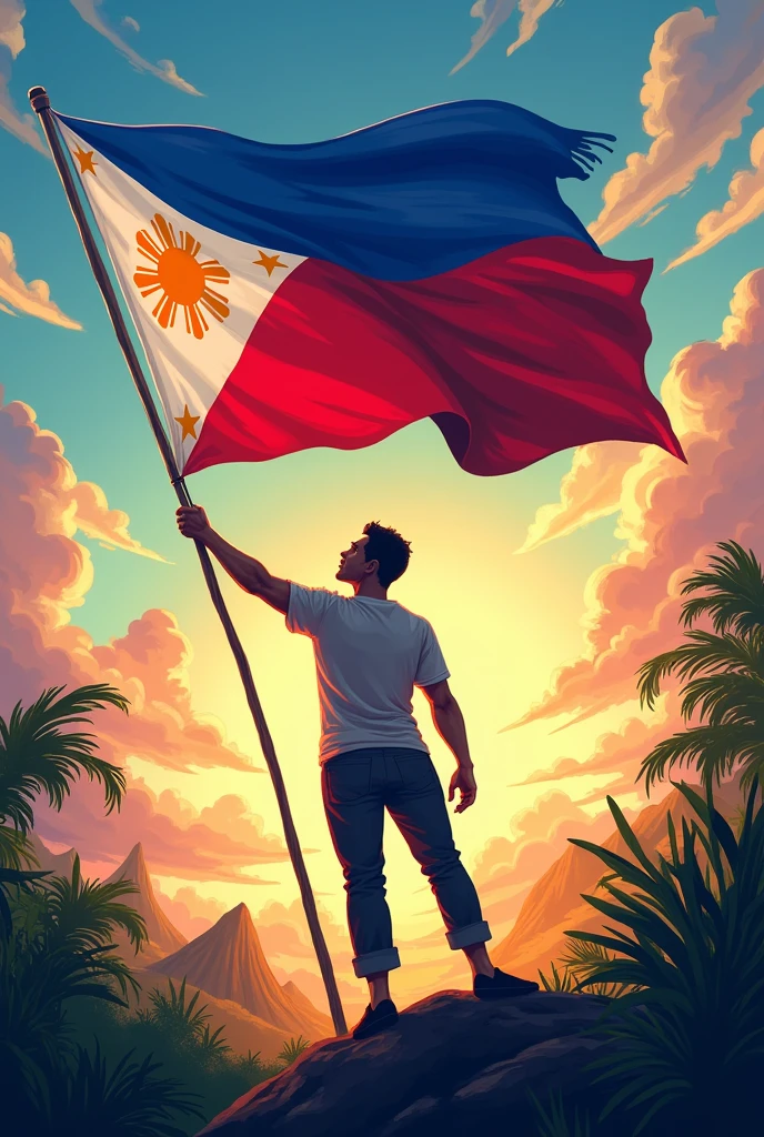 create a art in which a filipino waving a Philippine flag