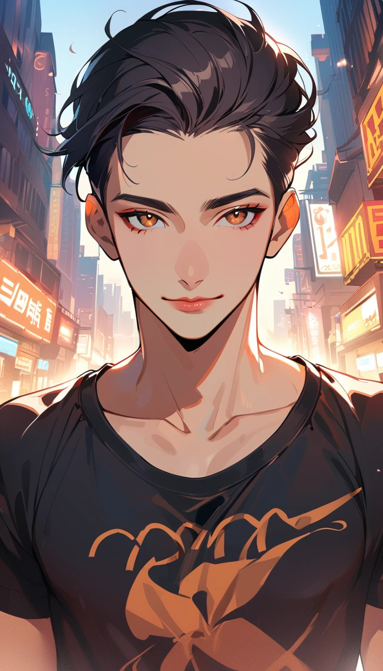 1man, solo, crew cut, 1, black hair, wear shirt, brown eyes, smile, looking at viewer, lips, upper body, closed mouth, 