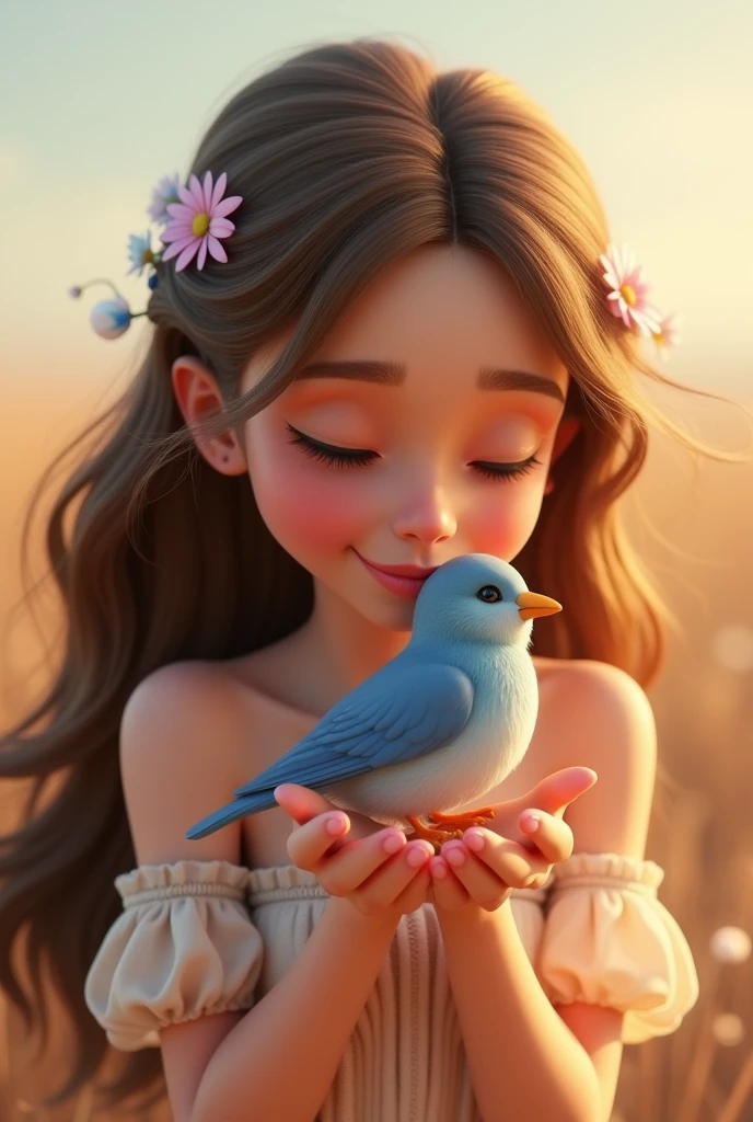 Create a beautiful maiden, long light brown hair, slightly wavy, medium bangs falling on the face, hair loose in the wind, small almond-shaped brown eyes, elongated face and pointed chin, slightly plump and pink lips, she is kissing a little blue bird, her little bird is Small and fits in the palm of your hand. is happy, radiant (realistic, detailed) animation character, stylized character, animation style rendering, 3D stylized, Arnold Maya rendering, stylized 3D rendering, Toon rendering screenshot, 3D character, 3D character, 3D rendering stylized, 3D character rendering, cartoon character, character in close-up, character pose, (Pixar style) (master part: 1.2) (bokeh) (best quality) (detailed skin) (detailed texture) (8k) (Argilla) (cinematic lighting) (sharp focus