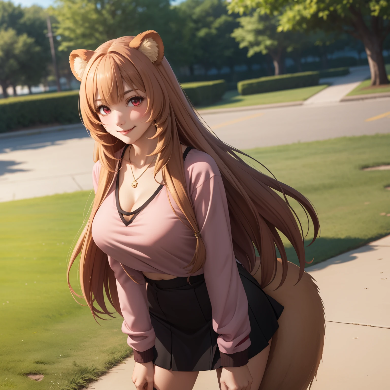 Raphtalia woman19 años straight floating golden blonde hair , rounded bear ears, red eyes like ruby,  shy smile,  big breasts,  pink low cut sweatshirt, neckline,  black miniskirt. background a park.