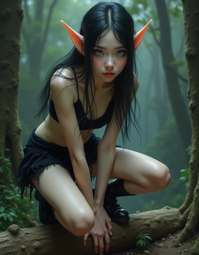A (((full-body))), ultra-detailed, ((hyper-realistic)), ((masterpiece)) fantasy art ((painting)), in the style of Dungeons and Dragons, of an ethereally beautiful age elf woman. She has exquisite caucasian features and ((very pale milk-white skin)). Her large eyes are a striking blue, her flowing hair is raven black, and she is wearing ((heavy black eye shadow)). She has a very slim ((petite body)) with long (((thin legs))). Her ((massive breasts)) look far too large for her skinny body. She is wearing a tight crop top, an extremely short miniskirt, and black boots. She is bent over a fallen log in a pose that shows off her legs, and her (((whole body from head to toe))) is shown in the photo. The lighting is dramatic and cinematic, and her ((skin is shiny with sweat)).
