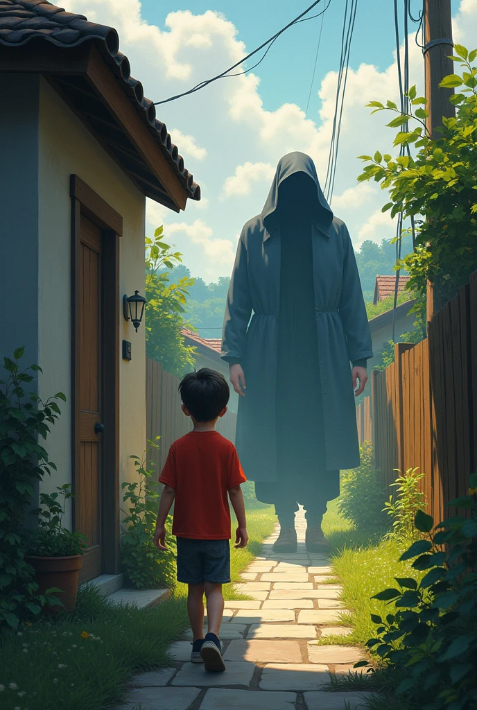 A boy exiting the house , looking around , and metting a mysterious stranger