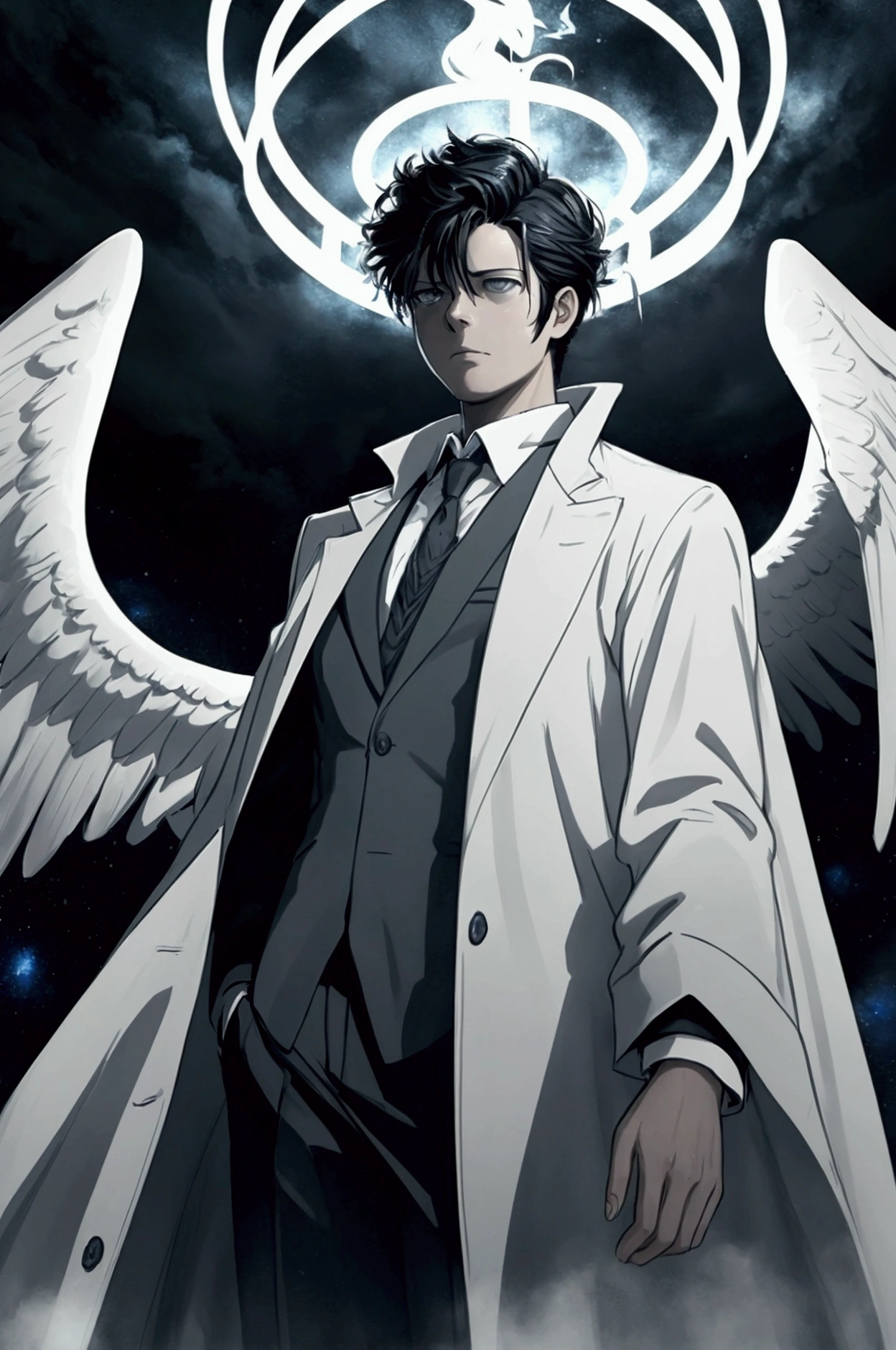 An image of Castiel in angelic garb, with a serious and determined expression, surrounded by an aura of intense light that highlights its imposing presence.