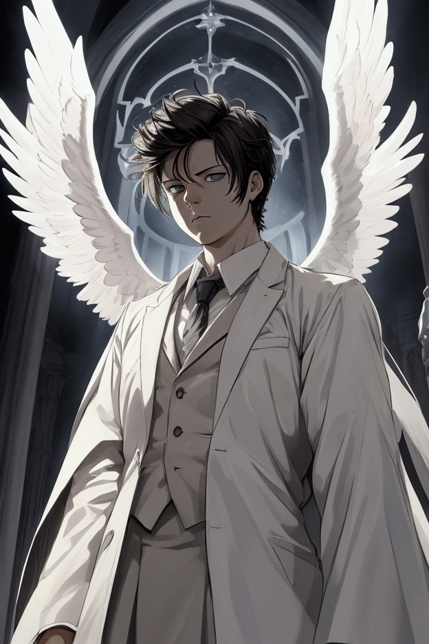 An image of Castiel in angelic garb, with a serious and determined expression, surrounded by an aura of intense light that highlights its imposing presence.