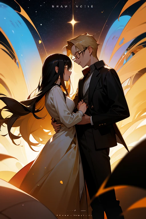 Romance book cover, with the name Flow of time silhouette of a young adult couple Tall blond boy, wears glasses girl has long black hair and she wears glasses Background with universe depicting time