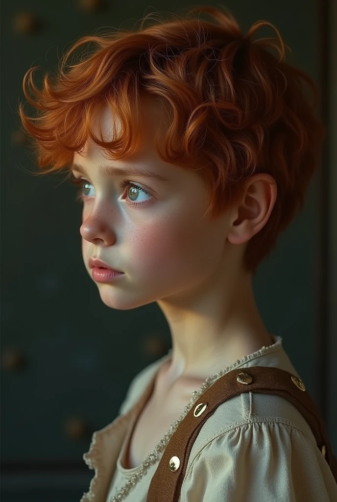 young man of . Her skin is soft and looks like porcelain. His face is angelic. his eyebrows aligned. thick lips. straight nose. big gray eyes. Her hair is wavy, a deep orange color. Wear linen and silk fabrics. He looks crestfallen, profile view. his eyes look down. His look is sad, because he will soon be sold as a slave.