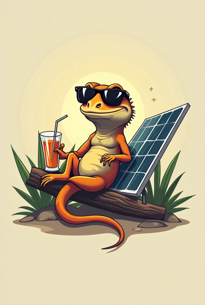 a lizard relaxing having a refreshing drink and sunbathing leaning on a tree branch with sunglasses, designed logo style in orborous format, with solar panels next to it
