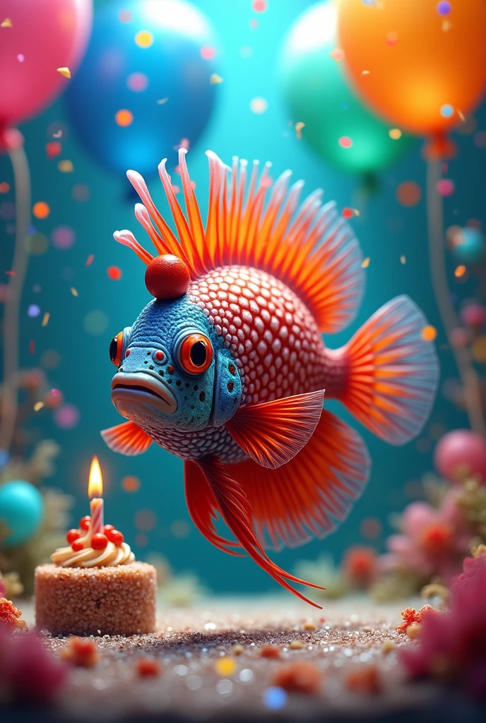 Create a photo of flowerhorn celebrating birthday 
