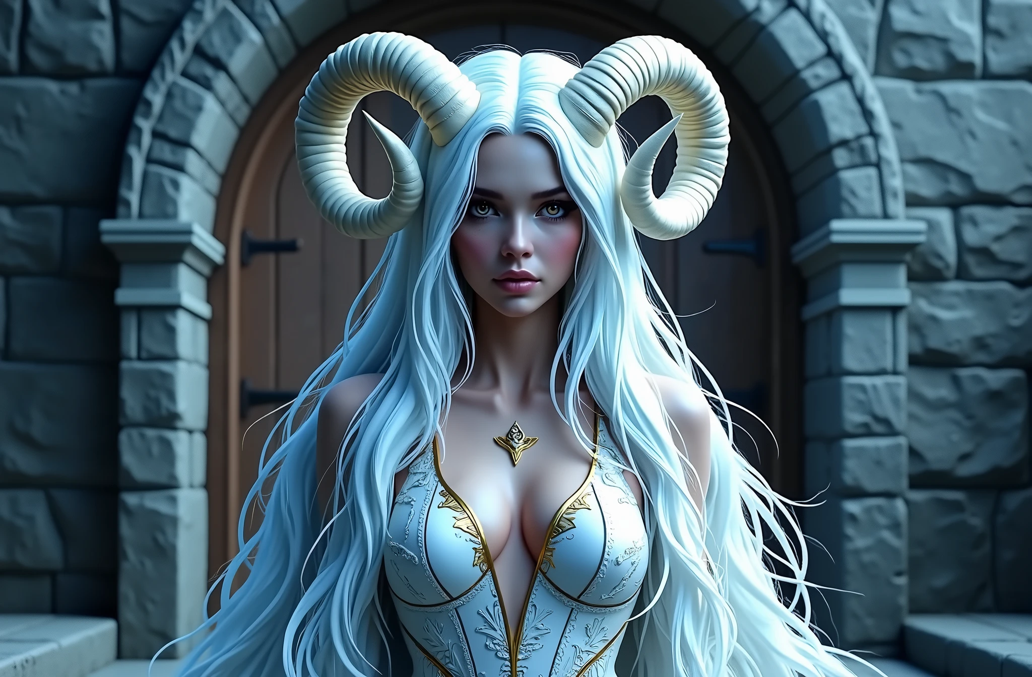 3D render of a cinematic shot of a sexy, sensual female character with extremely long neon white ultra-realistic hair. She hasgold-silver eyes and two white curled horns protruding from her head. She wears a white/gold gown and has a sensual expression on her face. The character stands in front of a stone archway that leads to a wooden door. 24K, The setting appears to be a dimly lit, old stone structure,