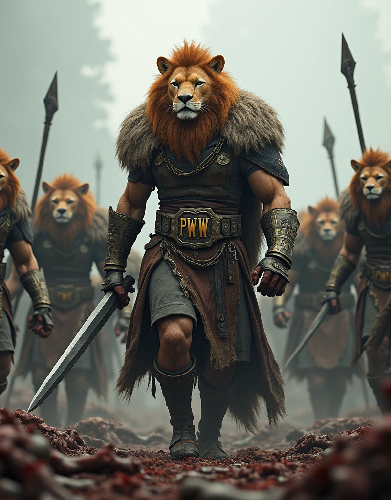 An army of humanoid animal warriors led by a humanoid Lion warrior wearing a belt with the letters Pww in a war scenario.. Lots of zombies lying around