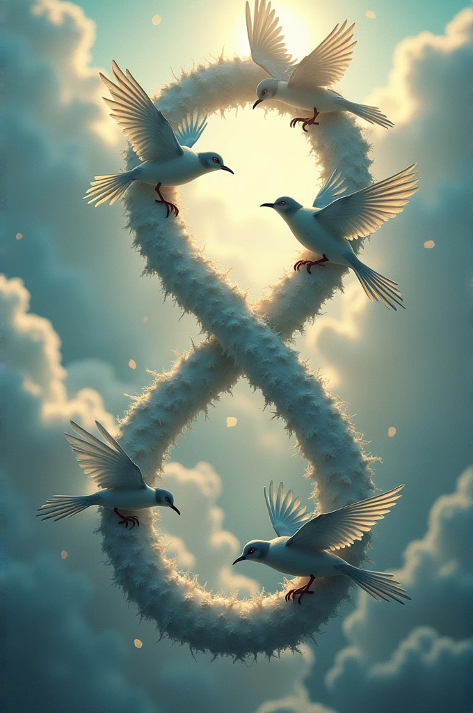 Image of infinity symbol and some birds with names: John, Leonardo, Elias and Hannah
