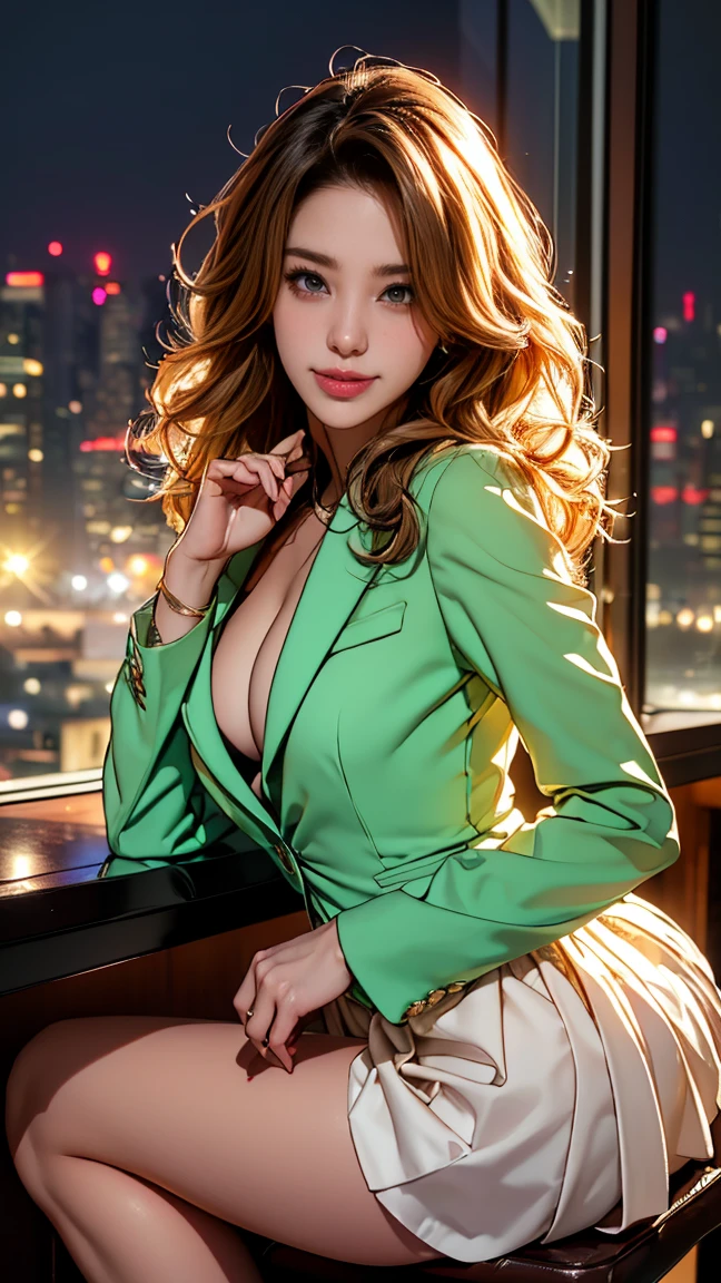 (Very detailed, Realistic, Highest quality, 4K, 8k, High resolution, masterpiece:1.3), An attractive flight attendant with a graceful and elegant figure. Erin Anderson is tall and slender, long, Long, wavy, golden blonde hair styled in loose curls. Long hair that reaches down to the buttocks.She has attractive, friendly, bright green eyes.. She wears a provocative silk uniform, White vertical ruffle silk blouse、Pair it with a blazer jacket, Short flared skirt, Black high heels, Silk scarf, Her attitude is friendly and approachable, With a radiant smile that enhances her warm presence. The background is smooth, A modern private jet parked on the runway, Emphasise your role as an elite flight attendant. This scene captures her polished and professional appearance., highlighting her elegance and the luxurious environment in which she works, (Intricate details, Very finely crafted needles, Very finely crafted fingers, Full-body showcase, Show whole body).(Long hair that reaches down to the buttocks:1.5)((とてもlong髪))(((Sits on a bar chair by the counter in a seductive pose in a stylish bar at night:1.1))),((Place your left hand gently on your chin,right hand holding chest:1.3)),((sitting on a chair, night view terrace background:1.3)),((Smile、Embarrassed smile))、((Skyscrapers look hazy outside the window:1.4)), ((Sits on a bar chair In a crowded café at dusk:1.3))