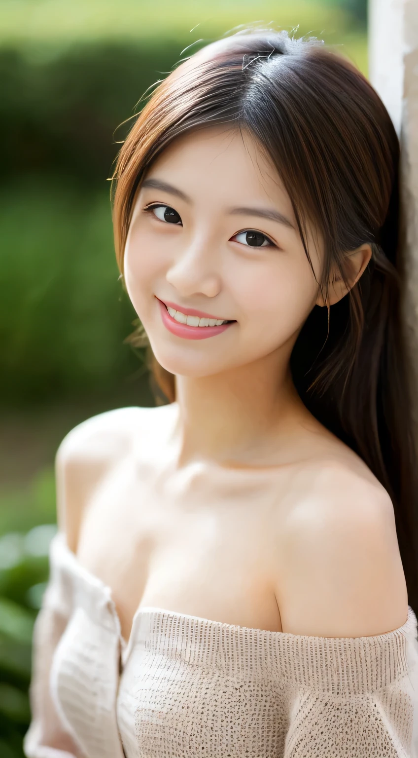 masterpiece,best quality,(Japanese girl),((Beautiful girl)),cleavage,(off shoulder:1.2),(perfect body beauty:1.2),(shy smile),From slightly above