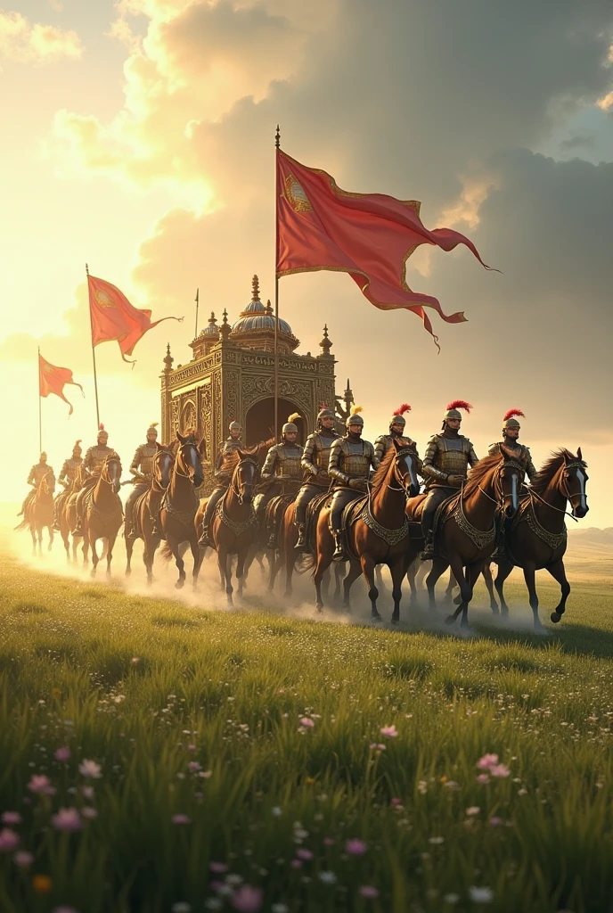 create a chariot with 12 horsemen following it over the field