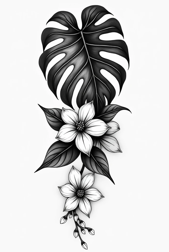 Monstera plant with jasmine flowers
black and white tattoo