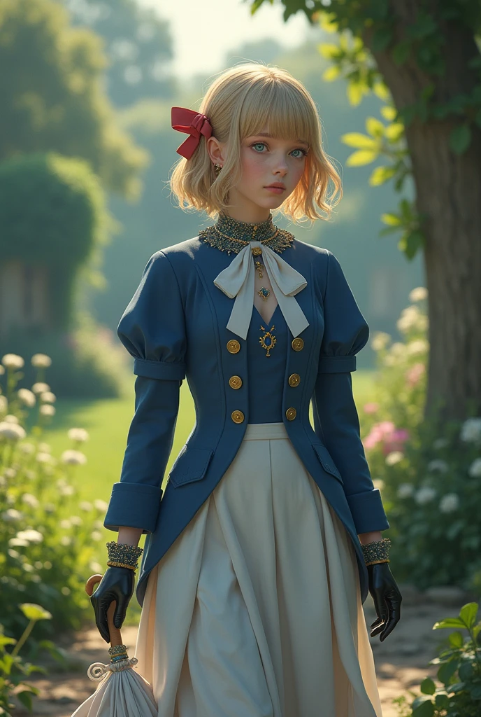 France in the 1890s。The main character of Violet Evergarden has blonde shoulder-length hair with a red ribbon.。She is wearing a classical aristocratic outfit based on ultramarine blue, with a white ribbon on her chest and an emerald necklace in the center.。He has black leather gloves on both his arms.。She has very beautiful blue eyes。In the background you can see a slightly blurred French garden.。She always looks sad and lonely。Beautiful and realistic photos.。She is walking in the distance and has an umbrella。She is wearing a white flared skirt.